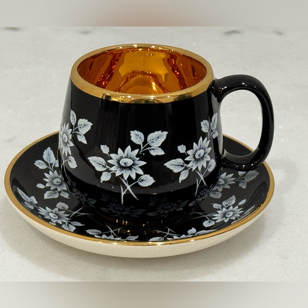 Vintage Prinknash Pottery Black Floral Mini Tea Coffee Espresso Cup Saucer